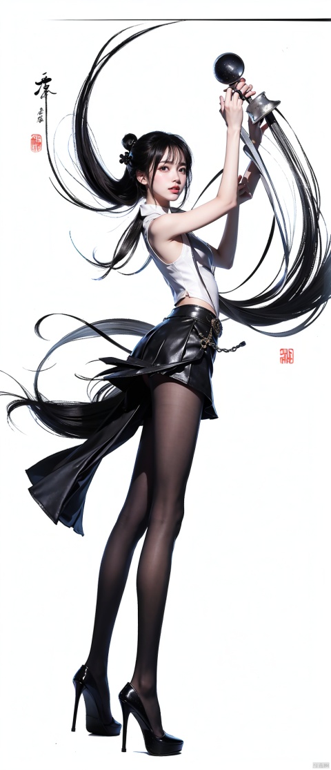  Masterpiece-level best_quality, concept artwork, a lonely solo girl, ,fashion,(mini skirt:1),Super long legs,, standing, realistic, Professionalstudio,highheels,trend,pantyhose,skinny,, upshirt, 1girl, tutultb,Short skirt, Ink scattering_Chinese style, sssr, ((poakl))