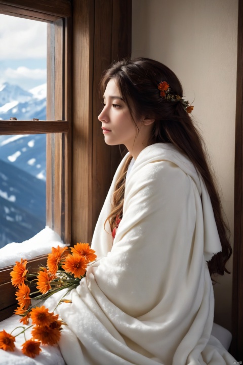  (masterpiece, best quality),Snow falls outside the window of a girls room. BREAK A girl with a sad expression sits on the bed, leaning against the wall. She is wrapped in a white blanket with orange flowers. Her long brown hair covers her ears. Her hands are hidden inside the blanket. BREAK The window is open, with a wooden frame and a white curtain on the left. Snow is piled up on the frame. Below the window, there is a small vase with a red flower. BREAK The girl looks at the snowy landscape, with snow-covered roofs, forest and mountains. The mood is lonely and peaceful., Anime,Enhanced All,ghibli,illustrator,sticker design