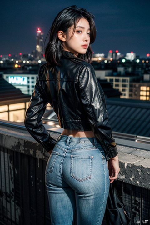  A stylish and confident young woman stands on a rooftop terrace in a bustling city, overlooking the skyline.She wore a tight-fitting black leather jacket, a simple white T-shirt underneath, ripped skinny jeans and combat boots, exuding a unique urban coolness.Her short, dark hair was styled in a messy bob that framed her chiseled face and bright blue eyes.With her hands in her pockets, she stared into the distance, as if thinking about her next move.The background is a metropolis with flashing neon lights at dusk, fully demonstrating the essence of contemporary street culture.Drawn in a gritty, high-contrast graphic novel style with bold lines and dynamic shadows, the image vividly illustrates the allure and power of the modern woman.(Masterpiece: 1.10), see through, turn around, (view from behind: 1.3), focus on hip