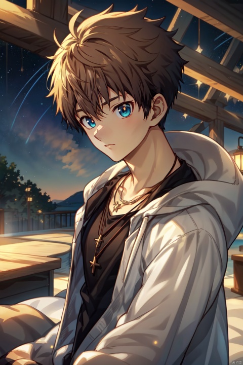  1boy, masterpiece,quiff, detailed eyes, solo, upper body,sboe,juvenile,Becoming a man, Formed by light,starry_background, cozy anime, 1male,brown short hair，necklace,look at view