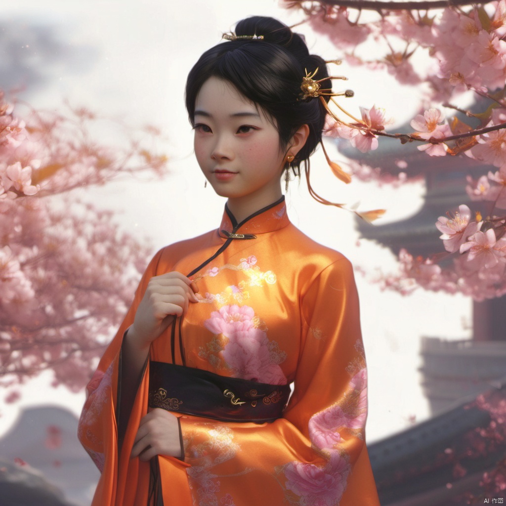 xcfs,(((upper body)))，1girl,solo，slight smile，light from front，curvy,hair ornament,jewelry,earrings, orange Chinese dress, black underwear，
looking at viewer,realistic,long hair,black hair,chignon,pink lips,black hair,hair flower,cherry blossoms,hair stick,