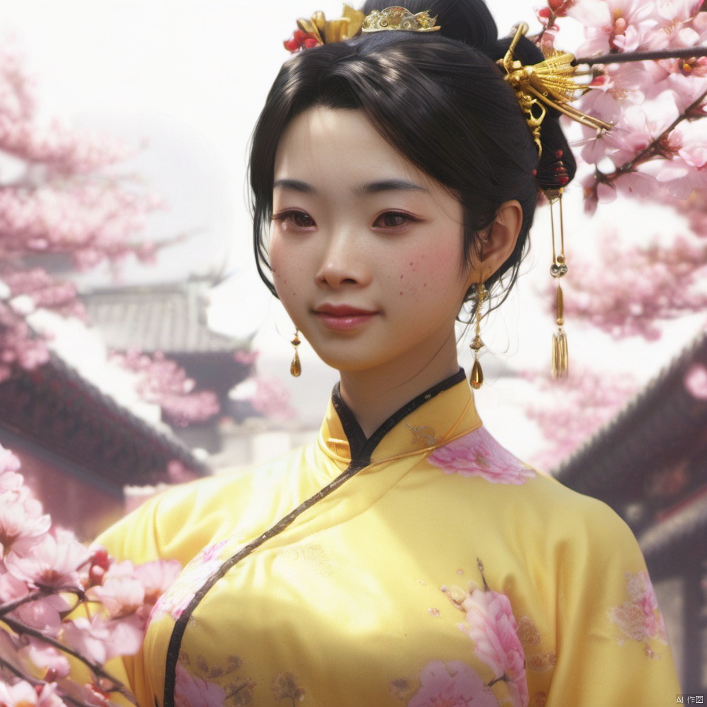  xcfs,(((upper body)))，1girl,solo，slight smile，light from front，curvy,hair ornament,jewelry,earrings, yellow Chinese dress, black underwear，
looking at viewer,realistic,long hair,black hair,chignon,pink lips,black hair,hair flower,cherry blossoms,hair stick,