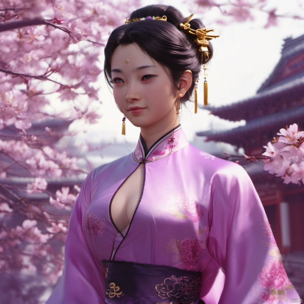  xcfs,(((upper body)))，1girl,solo，slight smile，light from front，curvy,hair ornament,jewelry,earrings, purple Chinese dress, black underwear，
looking at viewer,realistic,long hair,black hair,chignon,pink lips,black hair,hair flower,cherry blossoms,hair stick,