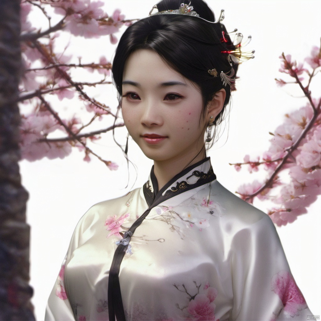  xcfs,(((upper body)))，1girl,solo，slight smile，light from front，curvy,hair ornament,jewelry,earrings, white Chinese dress, black underwear，
looking at viewer,realistic,long hair,black hair,chignon,pink lips,black hair,hair flower,cherry blossoms,hair stick,