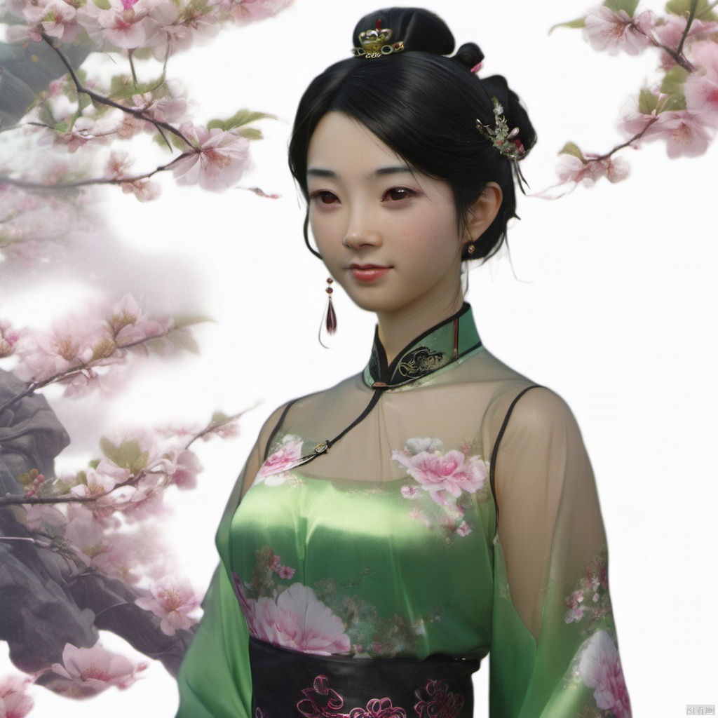  xcfs,(((upper body)))，1girl,solo，slight smile，light from front，curvy,hair ornament,jewelry,earrings, 
see through thin green Chinese dress, black underwear，
looking at viewer,realistic,long hair,black hair,chignon,pink lips,black hair,hair flower,cherry blossoms,hair stick,