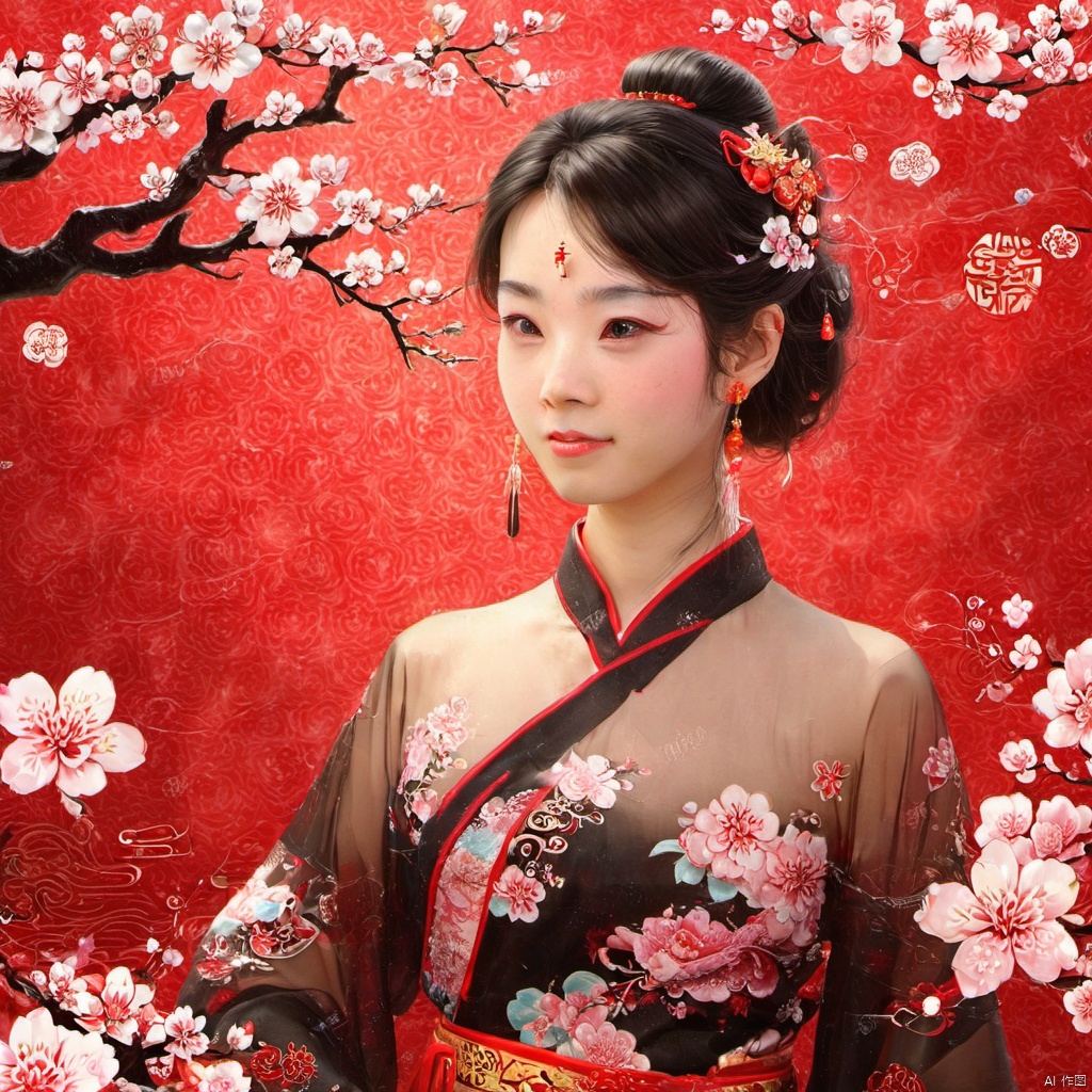  xcfs,1girl,solo，slight smile，light from front，curvy,hair ornament,jewelry,earrings, see through chinese dress,looking at viewer,(upper body),realistic,long hair,black hair,chignon,red lips,black hair,hair flower,cherry blossoms,hair stick,
