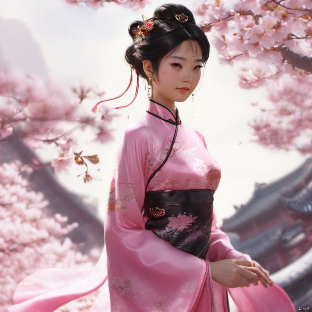  xcfs,(((upper body)))，1girl,solo，slight smile，light from front，curvy,hair ornament,jewelry,earrings, pink Chinese dress, black underwear，
looking at viewer,realistic,long hair,black hair,chignon,pink lips,black hair,hair flower,cherry blossoms,hair stick,