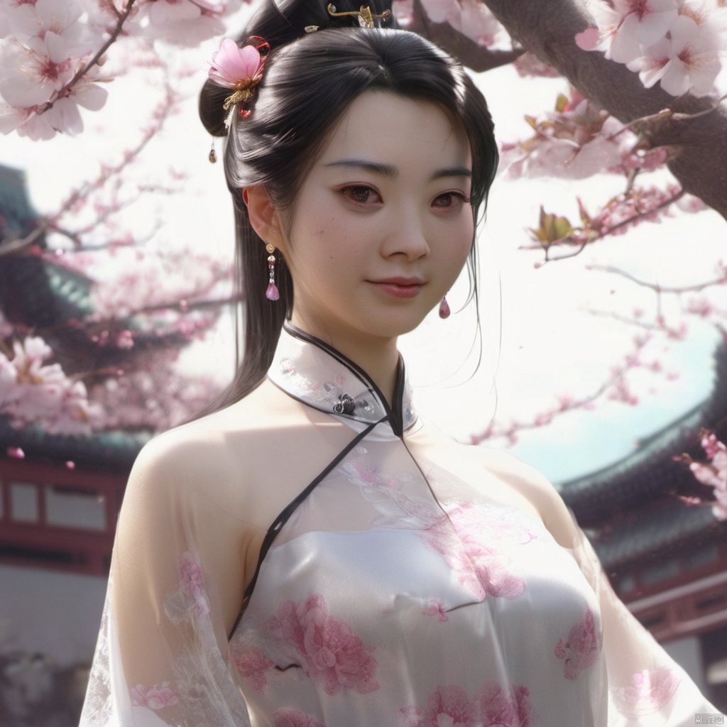  xcfs,(((upper body)))，1girl,solo，slight smile，light from front，curvy,hair ornament,jewelry,earrings, 
see through thin white Chinese dress, black underwear，
looking at viewer,realistic,long hair,black hair,chignon,pink lips,black hair,hair flower,cherry blossoms,hair stick,
