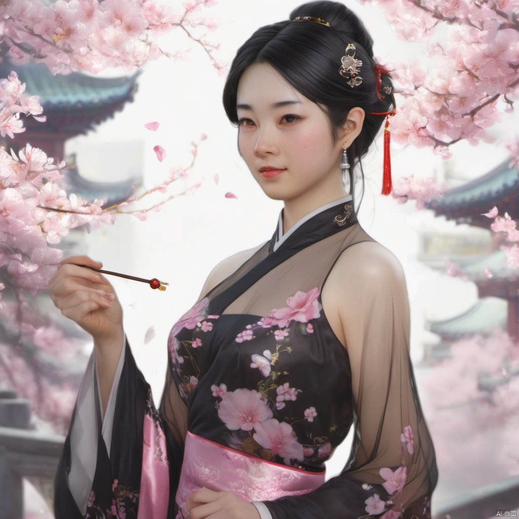  xcfs,(((upper body)))，1girl,solo，slight smile，light from front，curvy,hair ornament,jewelry,earrings, 
see through thin Chinese dress, black underwear，
looking at viewer,realistic,long hair,black hair,chignon,pink lips,black hair,hair flower,cherry blossoms,hair stick,