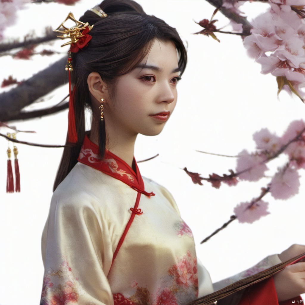  xcfs,1girl,solo,hair ornament,jewelry,earrings,brown eyes,chinese clothes,flower,looking at viewer,upper body,realistic,long hair,black hair,dress,lips,makeup,branch,ponytail,red lips,brown hair,closed mouth,hair flower,cherry blossoms,hair stick,