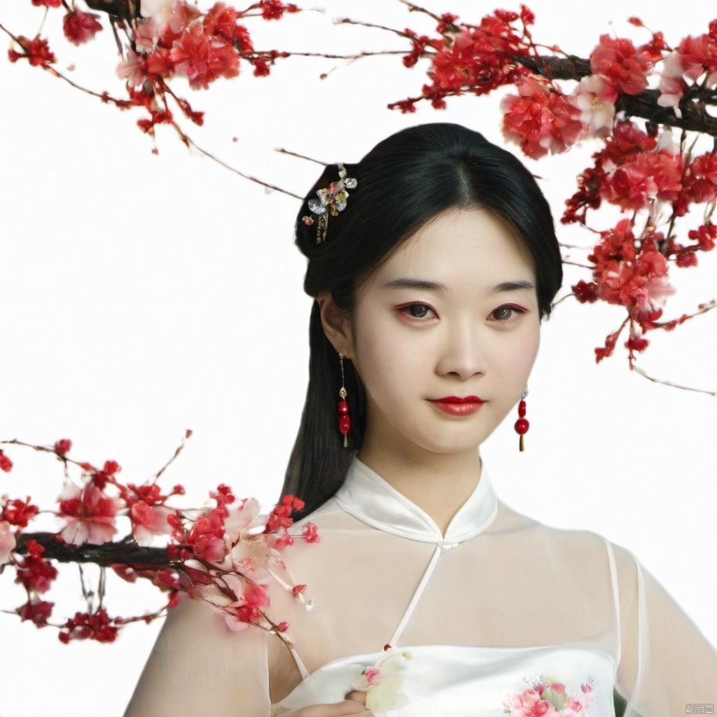  xcfs,1girl,solo，slight smile，light from front，curvy,hair ornament,jewelry,earrings, see through white thin chinese dress,looking at viewer,(upper body),realistic,long hair,black hair,chignon,red lips,black hair,hair flower,cherry blossoms,hair stick,