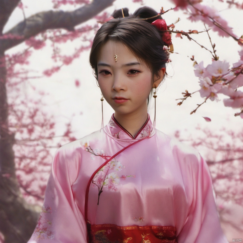  xcfs,1girl,solo,hair ornament,jewelry,earrings,brown eyes,pink chinese clothes,flower,looking at viewer,upper body,realistic,long hair,black hair,dress,lips,makeup,branch,ponytail,red lips,brown hair,closed mouth,hair flower,cherry blossoms,hair stick,