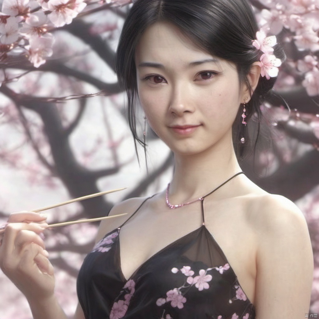  xcfs,1girl,solo，slight smile，light from front，curvy,hair ornament,jewelry,earrings, 
see through colorless thin dress, black underwear，
looking at viewer,((upper body)),realistic,long hair,black hair,chignon,pink lips,black hair,hair flower,cherry blossoms,hair stick,