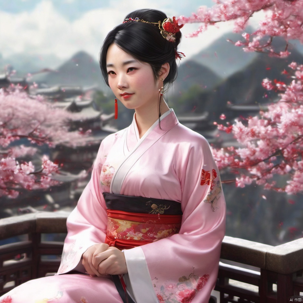  xcfs,1girl,solo，slight smile，light from front，curvy,hair ornament,jewelry,earrings,pink chinese dress,looking at viewer,upper body,realistic,long hair,black hair,chignon,red lips,black hair,hair flower,cherry blossoms,hair stick,