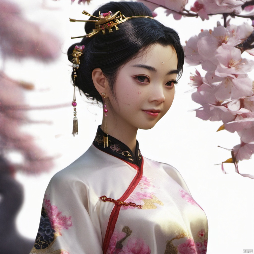  xcfs,(((upper body)))，1girl,solo，slight smile，light from front，curvy,hair ornament,jewelry,earrings, advanced Chinese dress, black underwear，
looking at viewer,realistic,long hair,black hair,chignon,pink lips,black hair,hair flower,cherry blossoms,hair stick,