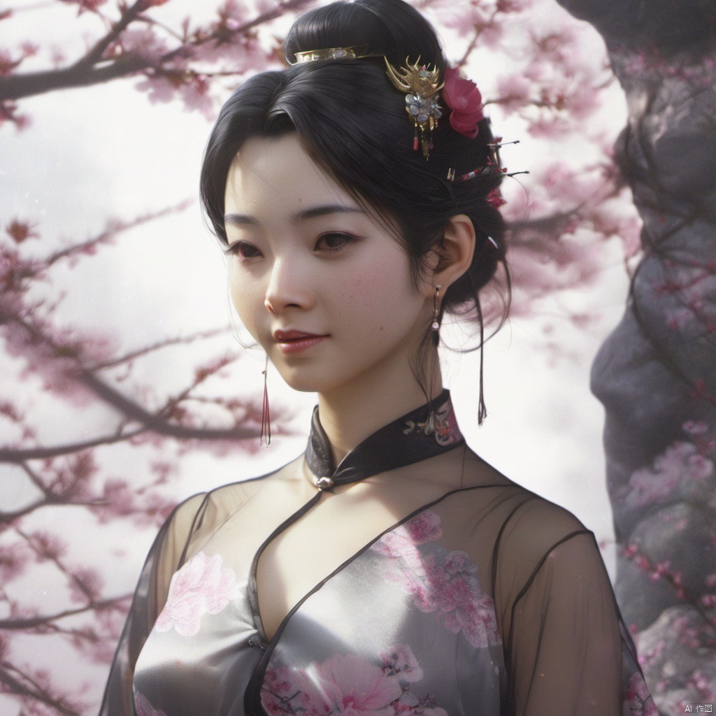  xcfs,(((upper body)))，1girl,solo，slight smile，light from front，curvy,hair ornament,jewelry,earrings, 
see through thin gray Chinese dress, black underwear，
looking at viewer,realistic,long hair,black hair,chignon,pink lips,black hair,hair flower,cherry blossoms,hair stick,
