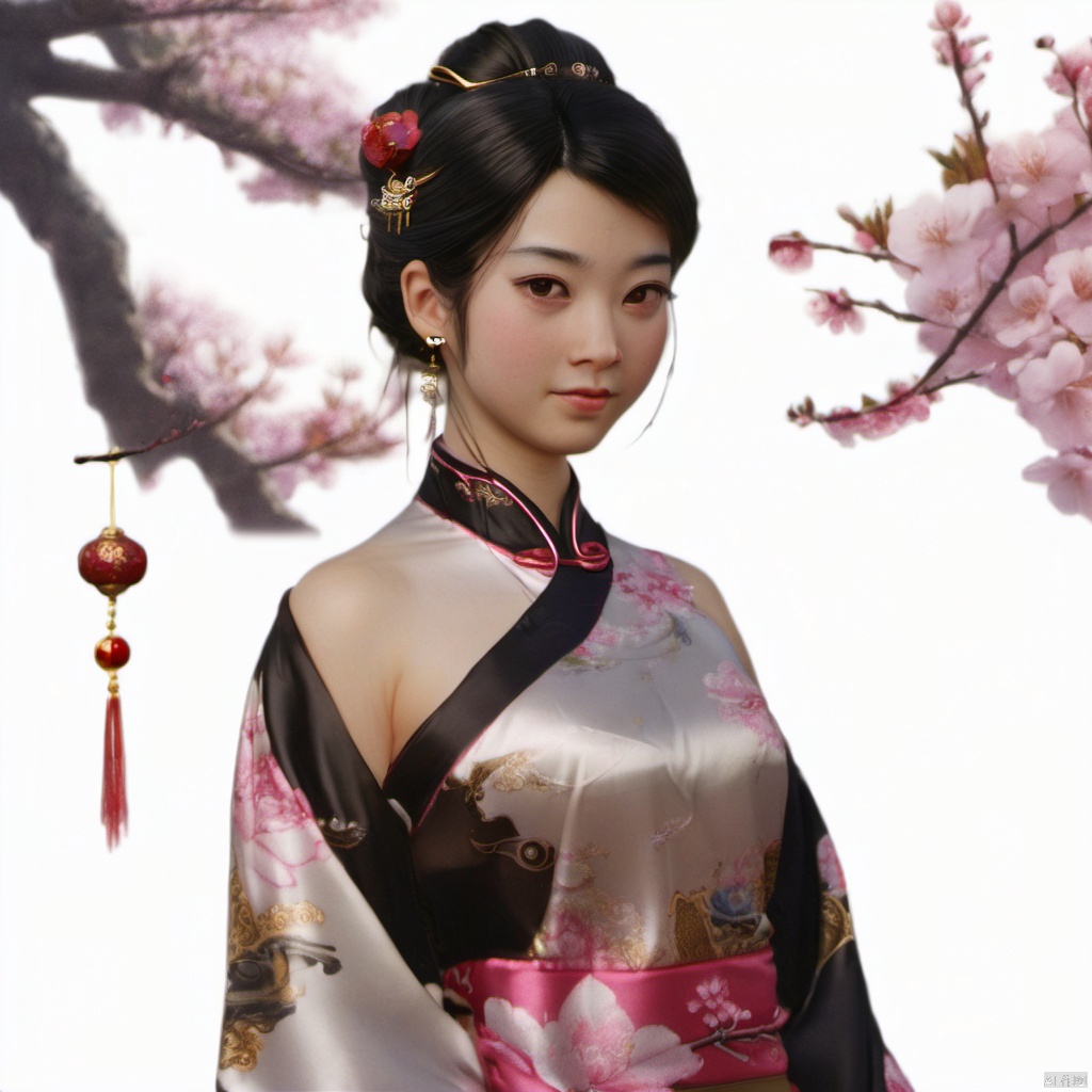  xcfs,(((upper body)))，1girl,solo，slight smile，light from front，curvy,hair ornament,jewelry,earrings, brown Chinese dress, black underwear，
looking at viewer,realistic,long hair,black hair,chignon,pink lips,black hair,hair flower,cherry blossoms,hair stick,