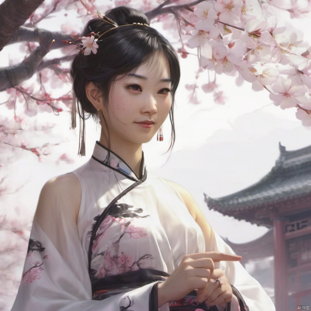  xcfs,1girl,solo，slight smile，light from front，curvy,hair ornament,jewelry,earrings, see through white thin chinese dress,looking at viewer,((upper body)),realistic,long hair,black hair,chignon,pink lips,black hair,hair flower,cherry blossoms,hair stick,