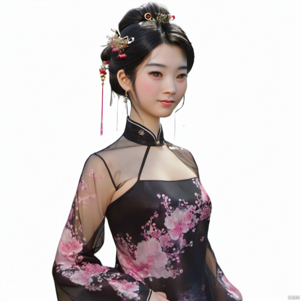  xcfs,(((upper body)))，1girl,solo，slight smile，light from front，curvy,hair ornament,jewelry,earrings, 
see through thin black Chinese dress, black underwear，
looking at viewer,realistic,long hair,black hair,chignon,pink lips,black hair,hair flower,cherry blossoms,hair stick,