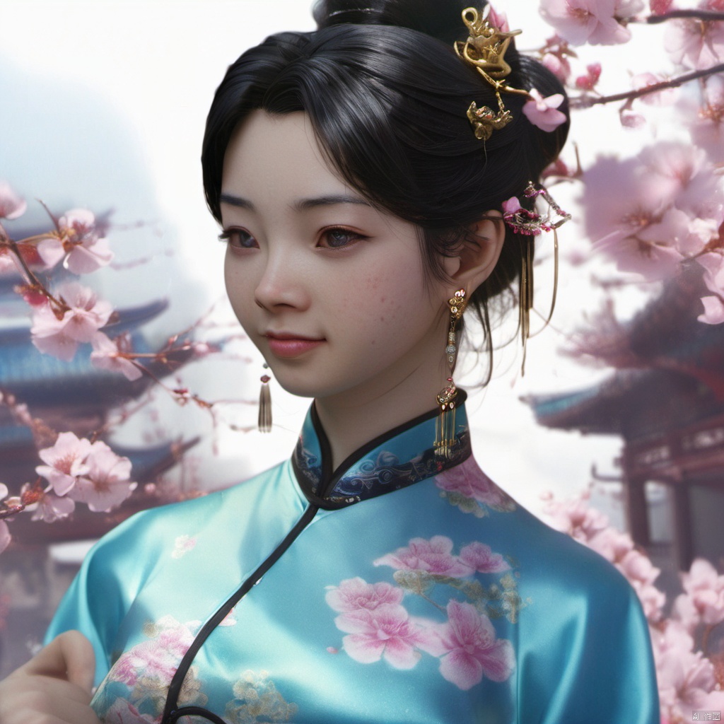  xcfs,(((upper body)))，1girl,solo，slight smile，light from front，curvy,hair ornament,jewelry,earrings, blue Chinese dress, black underwear，
looking at viewer,realistic,long hair,black hair,chignon,pink lips,black hair,hair flower,cherry blossoms,hair stick,