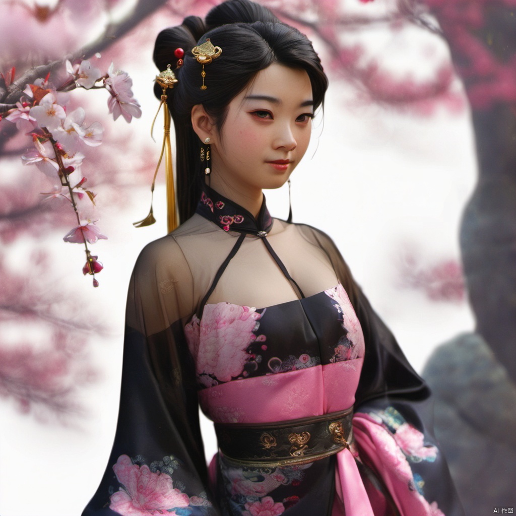  xcfs,(((upper body)))，1girl,solo，slight smile，light from front，curvy,hair ornament,jewelry,earrings, 
colorfull Chinese dress, black underwear，
looking at viewer,realistic,long hair,black hair,chignon,pink lips,black hair,hair flower,cherry blossoms,hair stick,