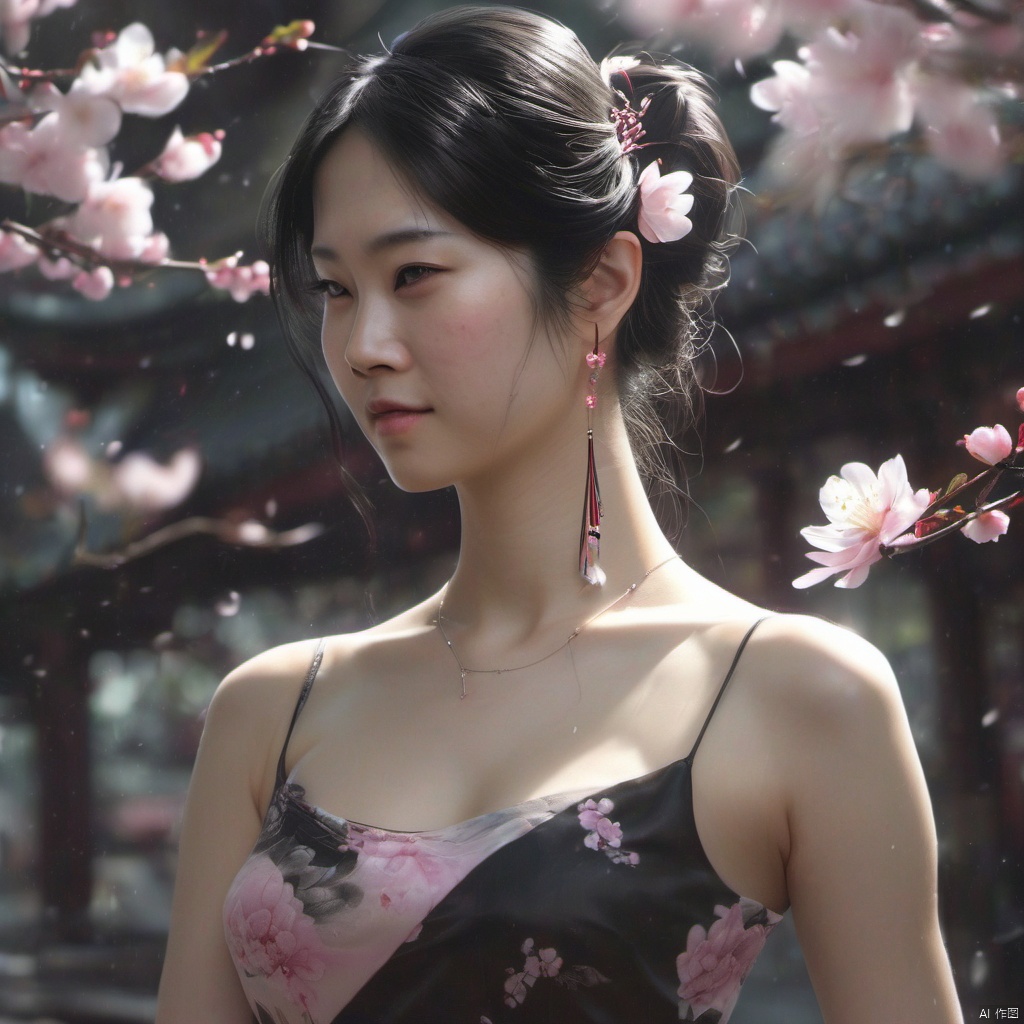  xcfs,1girl,solo，slight smile，light from back，curvy,hair ornament,jewelry,earrings, 
see through colorless thin dress, see through thin black underwear，
looking at viewer,((upper body)),realistic,long hair,black hair,chignon,pink lips,black hair,hair flower,cherry blossoms,hair stick,