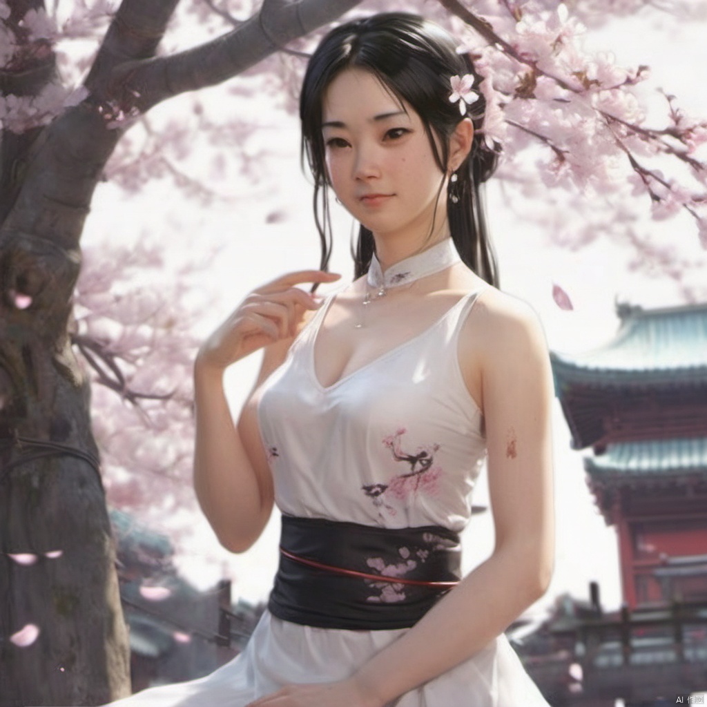  xcfs,1girl,solo，slight smile，light from front，curvy,hair ornament,jewelry,earrings, 
see through， white thin dress, black underwear，
looking at viewer,((upper body)),realistic,long hair,black hair,chignon,pink lips,black hair,hair flower,cherry blossoms,hair stick,