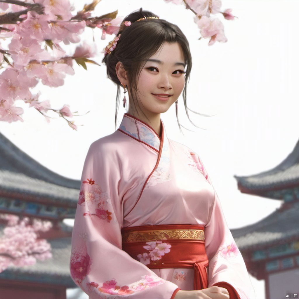 xcfs,1girl,solo，smile，light from front，curvy,hair ornament,jewelry,earrings,brown eyes,pink chinese clothes,flower,looking at viewer,upper body,realistic,long hair,black hair,dress,lips,makeup,ponytail,red lips,brown hair,closed mouth,hair flower,cherry blossoms,hair stick,