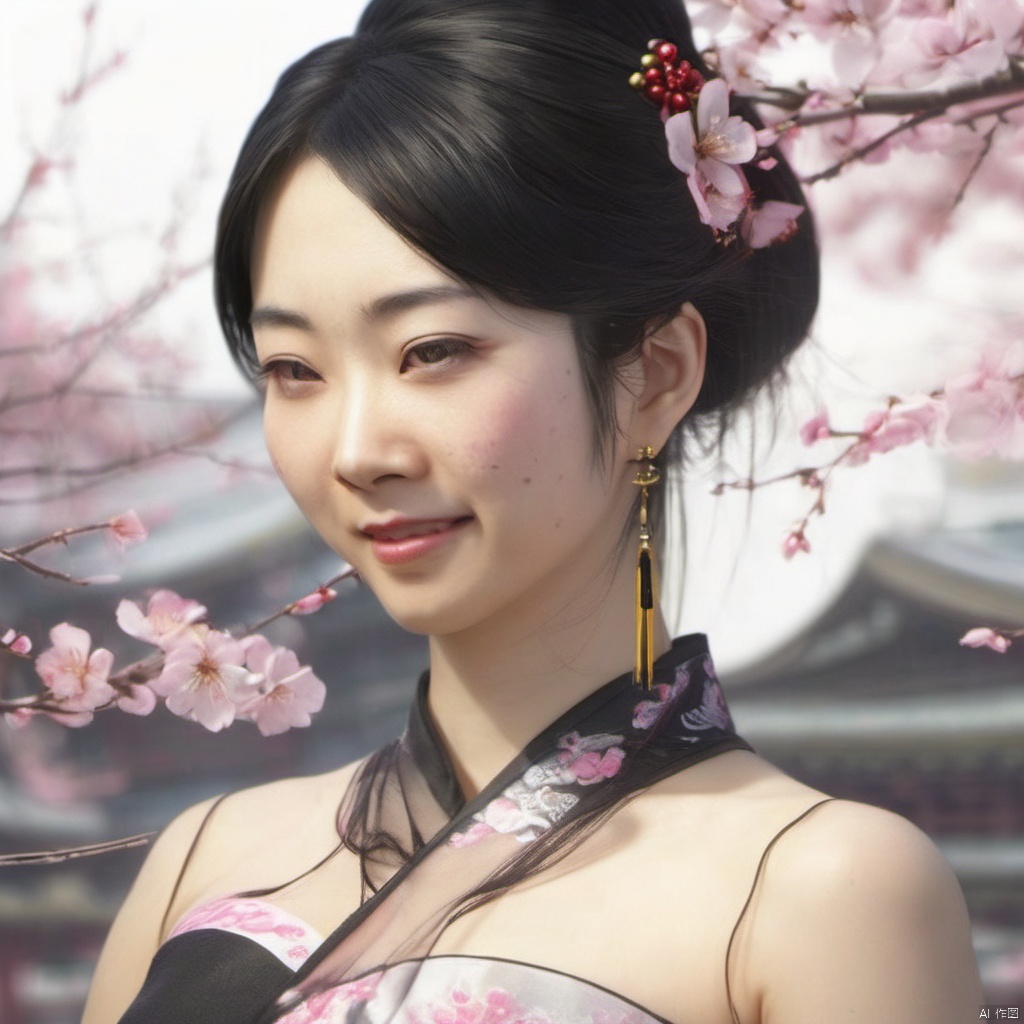  xcfs,1girl,solo，slight smile，light from front，curvy,hair ornament,jewelry,earrings, 
see through colorless thin Chinese dress, black underwear，
looking at viewer,((upper body)),realistic,long hair,black hair,chignon,pink lips,black hair,hair flower,cherry blossoms,hair stick,