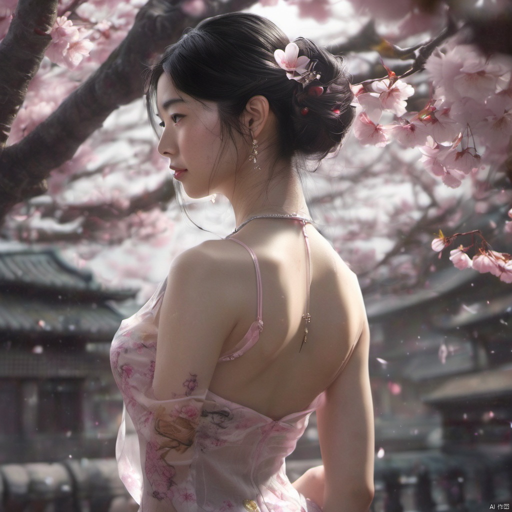  xcfs,1girl,solo，slight smile，light from back，curvy,hair ornament,jewelry,earrings, 
see through colorless thin dress, see through thin black underwear，
looking at viewer,((upper body)),realistic,long hair,black hair,chignon,pink lips,black hair,hair flower,cherry blossoms,hair stick,