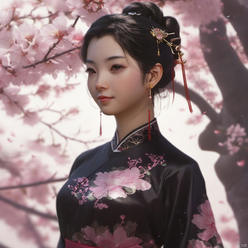  xcfs,(((upper body)))，1girl,solo，slight smile，light from front，curvy,hair ornament,jewelry,earrings, black Chinese dress, black underwear，
looking at viewer,realistic,long hair,black hair,chignon,pink lips,black hair,hair flower,cherry blossoms,hair stick,