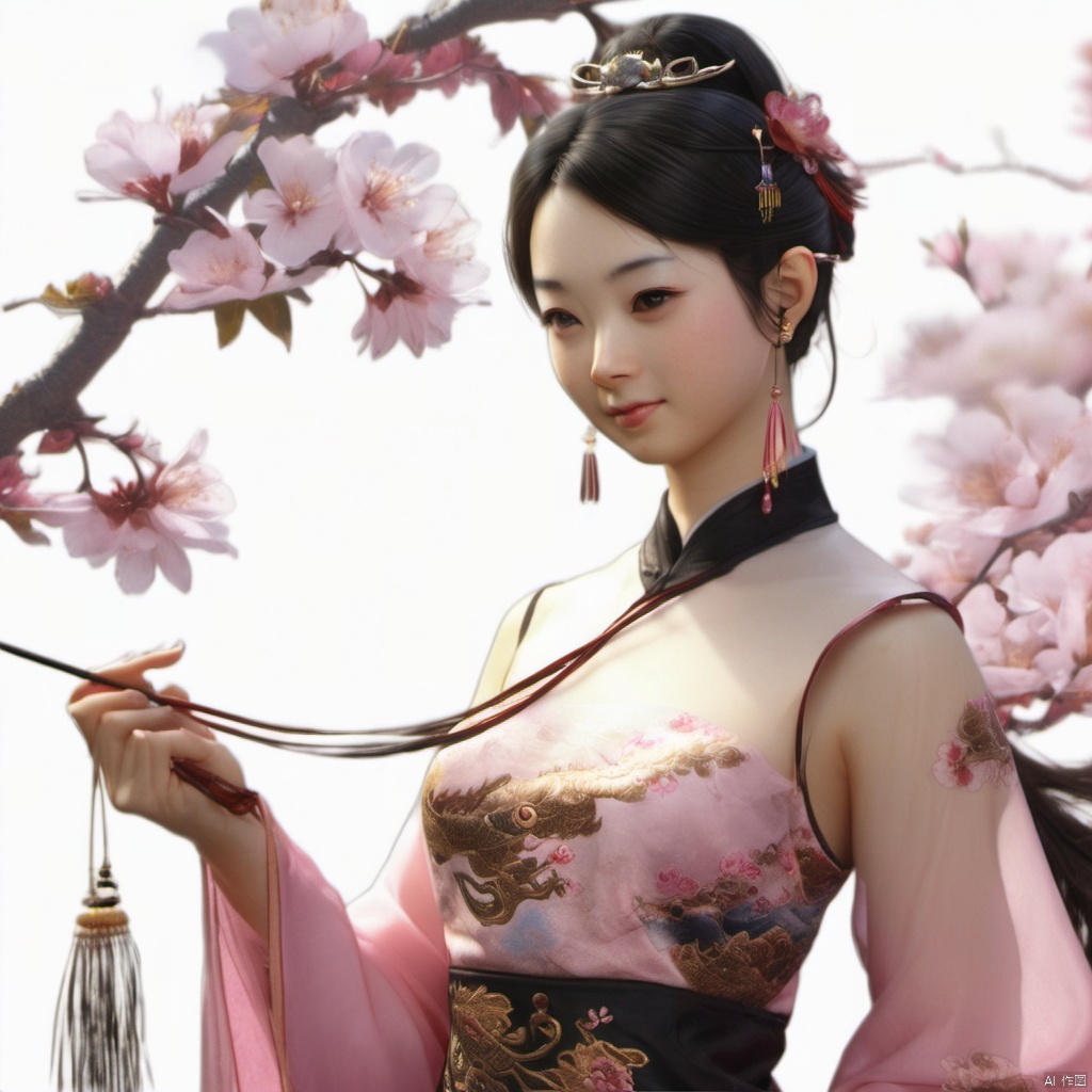  xcfs,(((upper body)))，1girl,solo，slight smile，light from front，curvy,hair ornament,jewelry,earrings, 
see through thin brown Chinese dress, black underwear，
looking at viewer,realistic,long hair,black hair,chignon,pink lips,black hair,hair flower,cherry blossoms,hair stick,