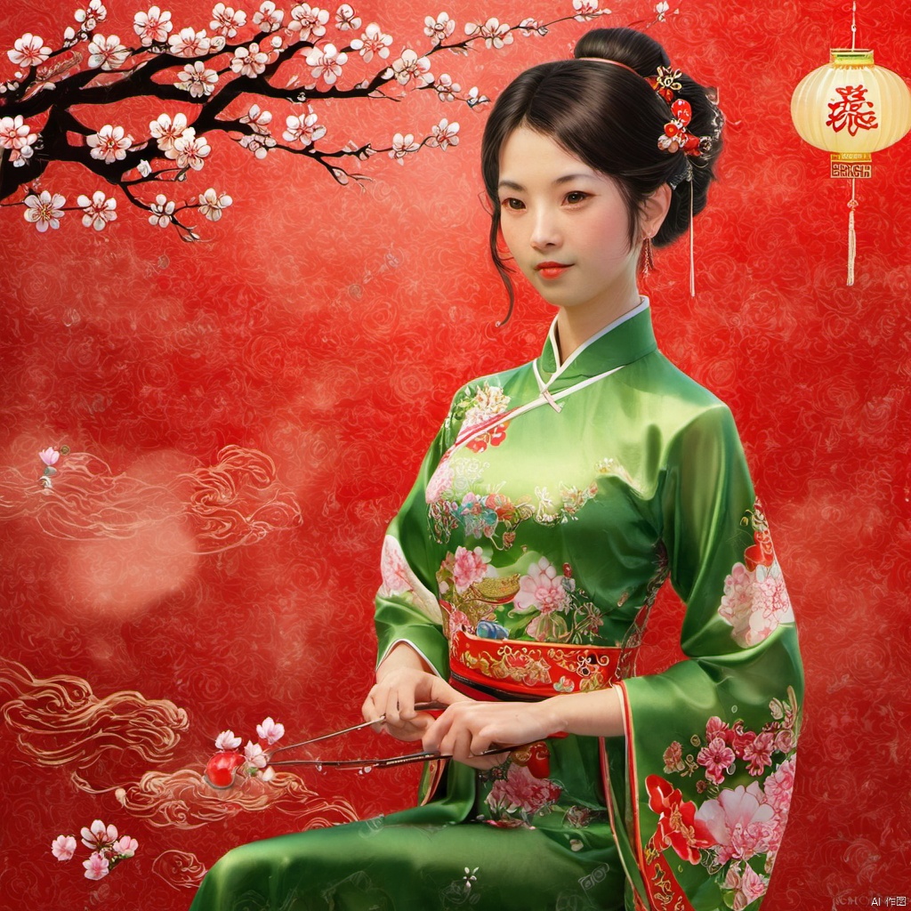  xcfs,1girl,solo，slight smile，light from front，curvy,hair ornament,jewelry,earrings, see through green chinese dress,looking at viewer,(upper body),realistic,long hair,black hair,chignon,red lips,black hair,hair flower,cherry blossoms,hair stick,