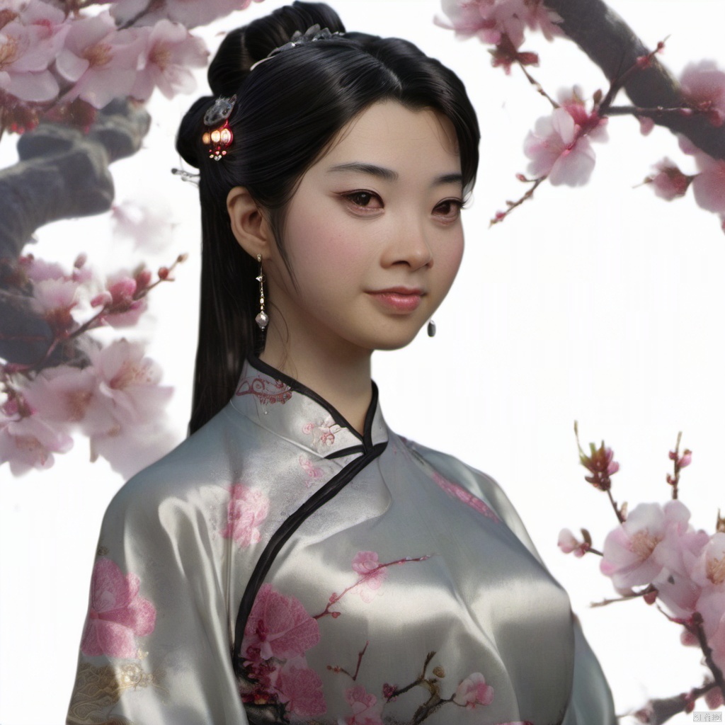  xcfs,(((upper body)))，1girl,solo，slight smile，light from front，curvy,hair ornament,jewelry,earrings, gray Chinese dress, black underwear，
looking at viewer,realistic,long hair,black hair,chignon,pink lips,black hair,hair flower,cherry blossoms,hair stick,