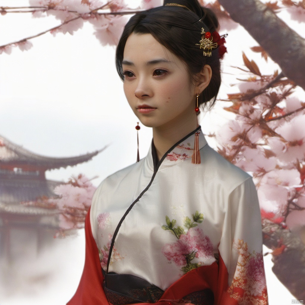  xcfs,1girl,solo，looking forward viewer,hair ornament,jewelry,earrings,brown eyes,chinese clothes,flower,looking at viewer,upper body,realistic,long hair,black hair,dress,lips,makeup,branch,ponytail,red lips,brown hair,closed mouth,hair flower,cherry blossoms,hair stick,