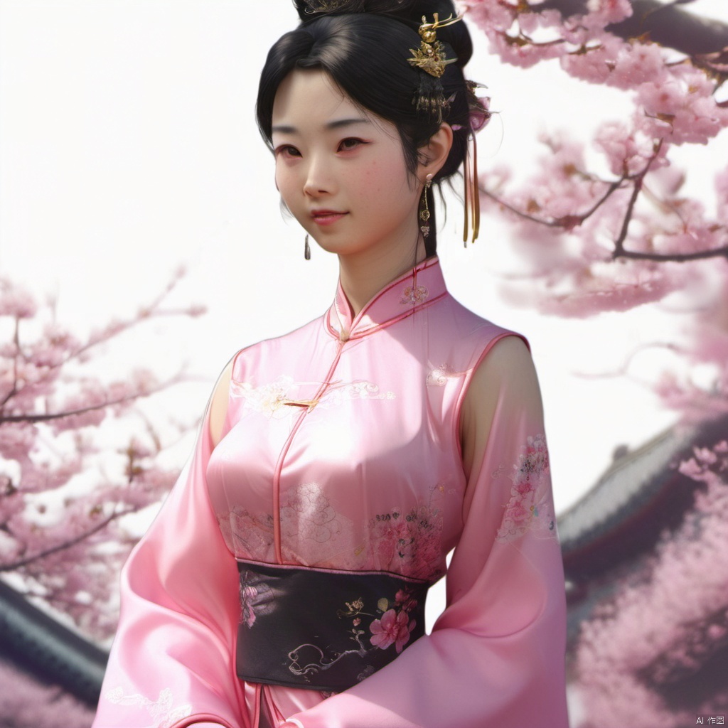  xcfs,(((upper body)))，1girl,solo，slight smile，light from front，curvy,hair ornament,jewelry,earrings, 
see through thin pink Chinese dress, black underwear，
looking at viewer,realistic,long hair,black hair,chignon,pink lips,black hair,hair flower,cherry blossoms,hair stick,