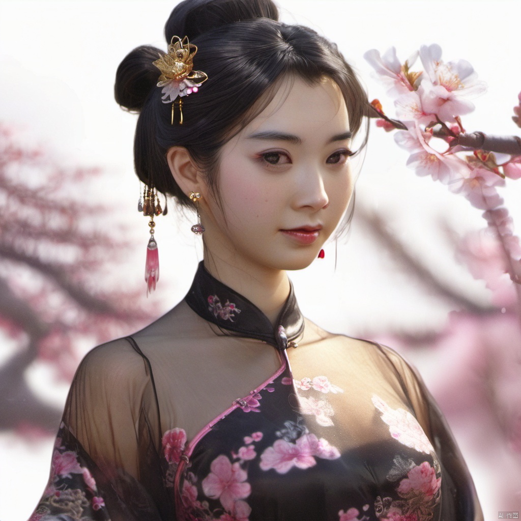  xcfs,(((upper body)))，1girl,solo，slight smile，light from front，curvy,hair ornament,jewelry,earrings, 
see through thin Chinese dress, black underwear，
looking at viewer,realistic,long hair,black hair,chignon,pink lips,black hair,hair flower,cherry blossoms,hair stick,