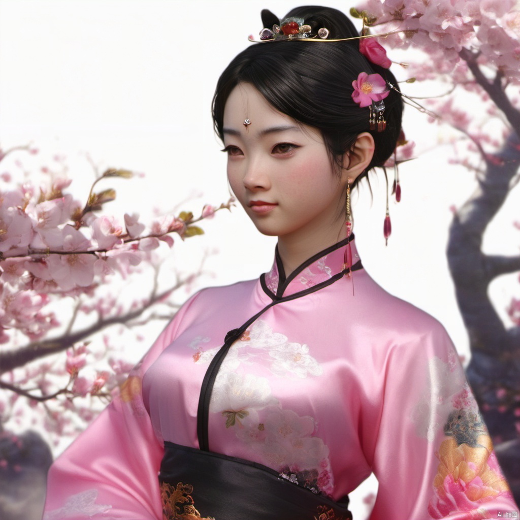  xcfs,(((upper body)))，1girl,solo，slight smile，light from front，curvy,hair ornament,jewelry,earrings, pink Chinese dress, black underwear，
looking at viewer,realistic,long hair,black hair,chignon,pink lips,black hair,hair flower,cherry blossoms,hair stick,