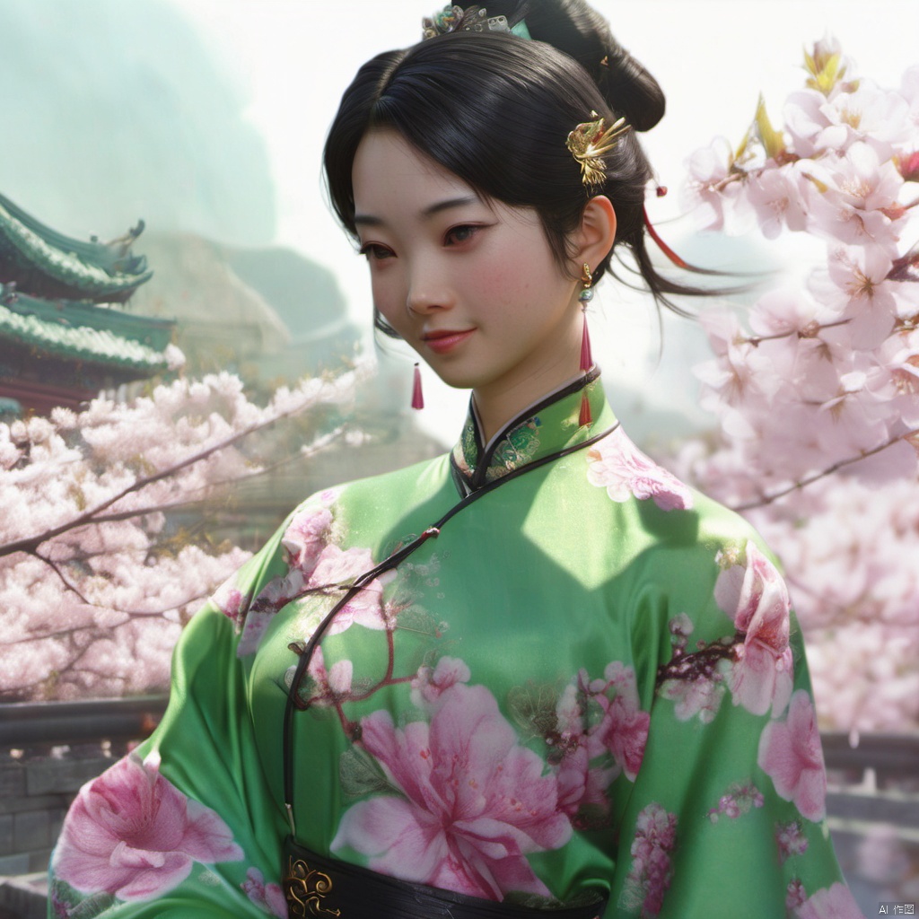  xcfs,(((upper body)))，1girl,solo，slight smile，light from front，curvy,hair ornament,jewelry,earrings, green Chinese dress, black underwear，
looking at viewer,realistic,long hair,black hair,chignon,pink lips,black hair,hair flower,cherry blossoms,hair stick,