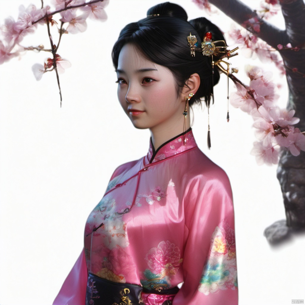  xcfs,(((upper body)))，1girl,solo，slight smile，light from front，curvy,hair ornament,jewelry,earrings, 
see through thin colorful Chinese dress, black underwear，
looking at viewer,realistic,long hair,black hair,chignon,pink lips,black hair,hair flower,cherry blossoms,hair stick,