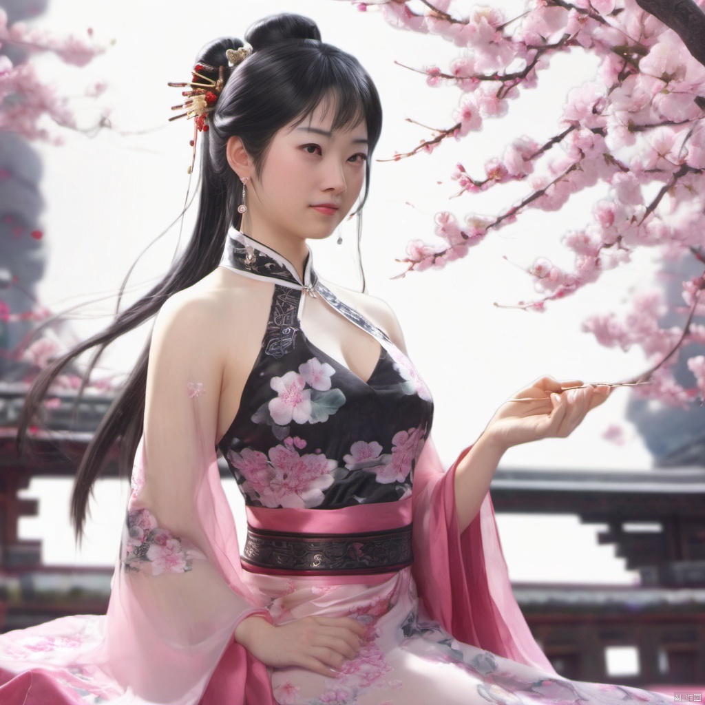  xcfs,(((upper body)))，1girl,solo，slight smile，light from front，curvy,hair ornament,jewelry,earrings, 
see through thin Chinese dress, black underwear，
looking at viewer,realistic,long hair,black hair,chignon,pink lips,black hair,hair flower,cherry blossoms,hair stick,