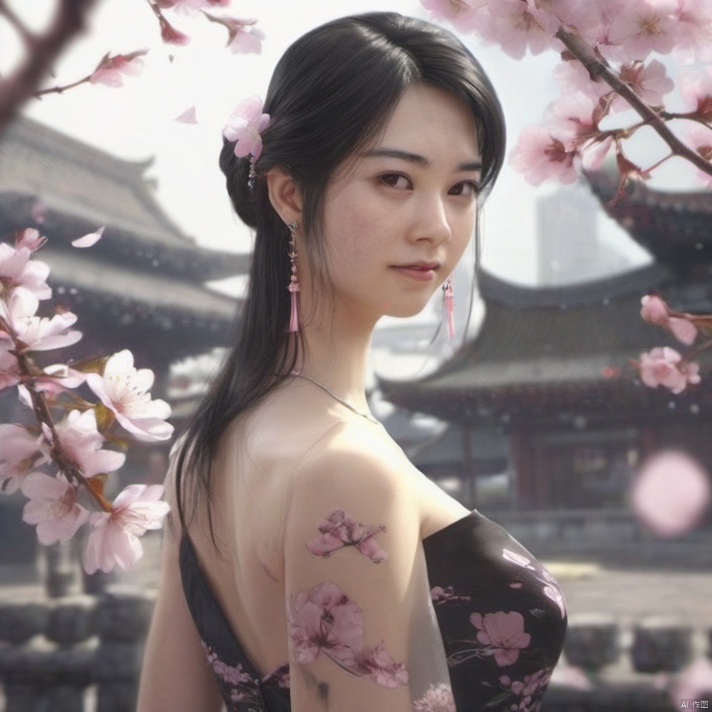  xcfs,1girl,solo，slight smile，light from back，curvy,hair ornament,jewelry,earrings, 
see through colorless thin dress, black underwear，
looking at viewer,((upper body)),realistic,long hair,black hair,chignon,pink lips,black hair,hair flower,cherry blossoms,hair stick,