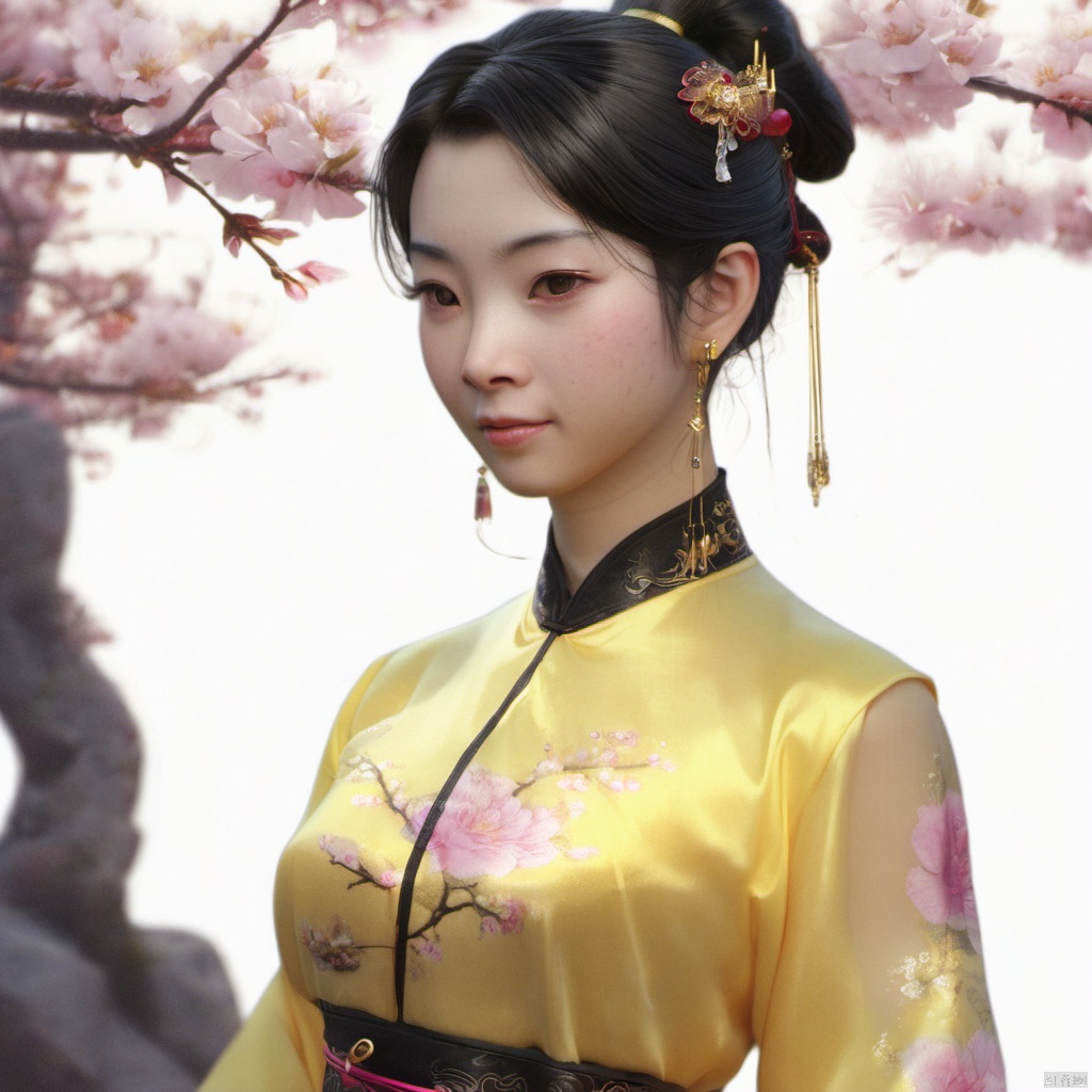  xcfs,(((upper body)))，1girl,solo，slight smile，light from front，curvy,hair ornament,jewelry,earrings, 
see through thin yellow Chinese dress, black underwear，
looking at viewer,realistic,long hair,black hair,chignon,pink lips,black hair,hair flower,cherry blossoms,hair stick,