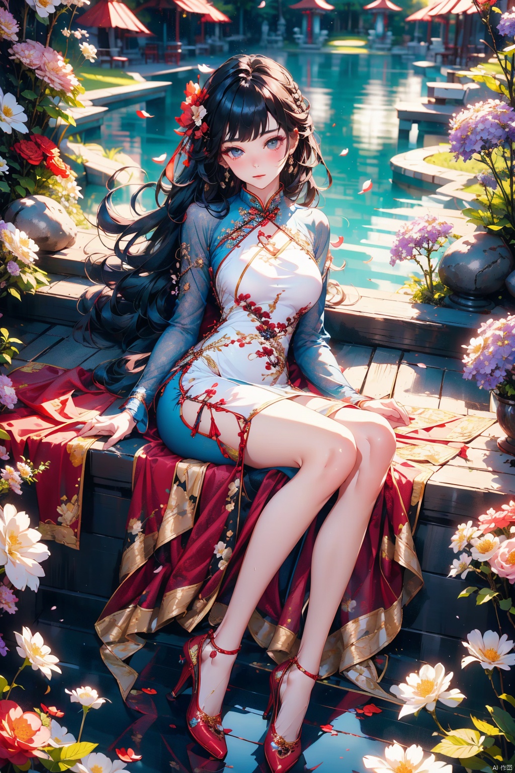  high quality,1 girl, Long black hair, big braided hair, bangs, metal petals decoration, cheongsam, moonlight cheongsam, long sleeves, holding a fan, lying on the gazebo, after the rain, Chinese gazebo, white sexy gazebo，flowers,breast，long legs,High heels,Charming expression, forward vision, seductive posture