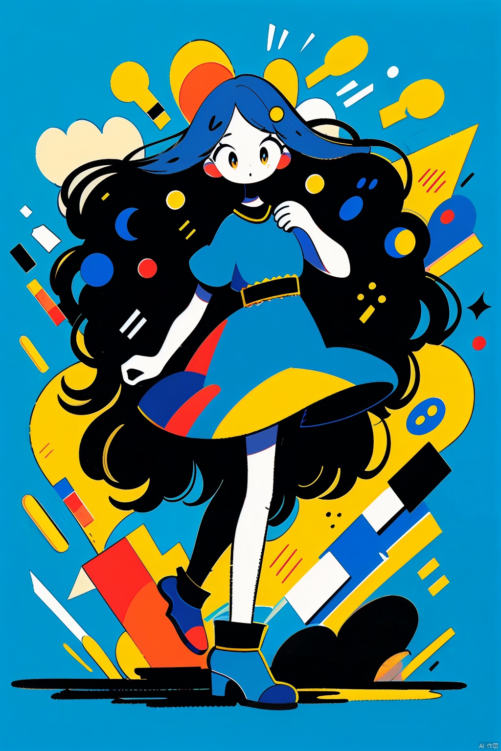 a flat illustration of a fashion girl, exaggerated pose,sapphire blue vs gold cloth and
hair,minimalist art,pure klein blue background, in the style of suprematism --s400, tuyagirl, HTTP