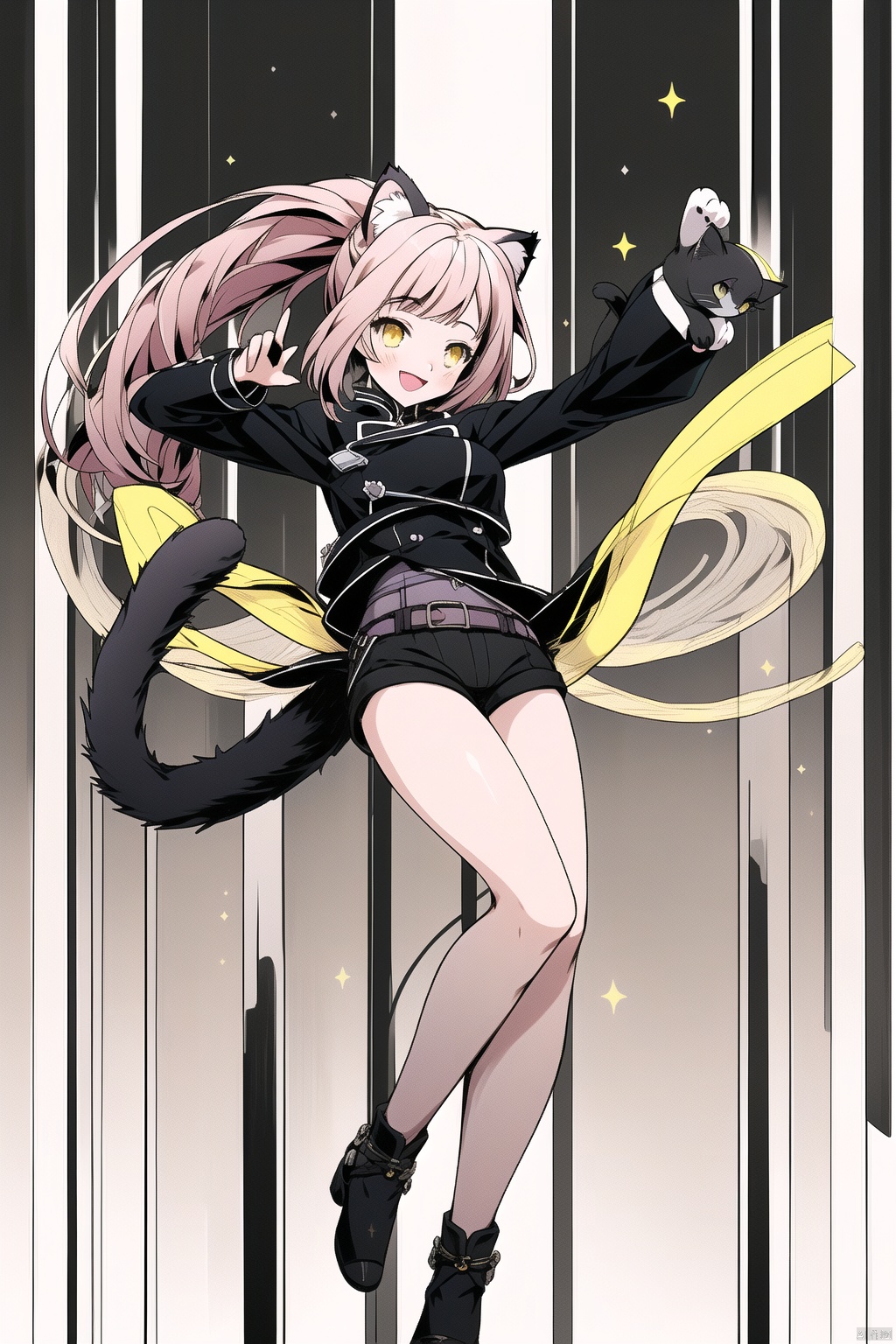  hires,8k,effect,high detail,effect background,dancing1girl,yellow hair, tow long_ponytail,black cloth, short shorts, long feet ,(unlight:1.3),ink art,uniform , Unlight,cat ear, none, shine eyes01,
1girl, multiple colored hairs,black cat tail, smile
