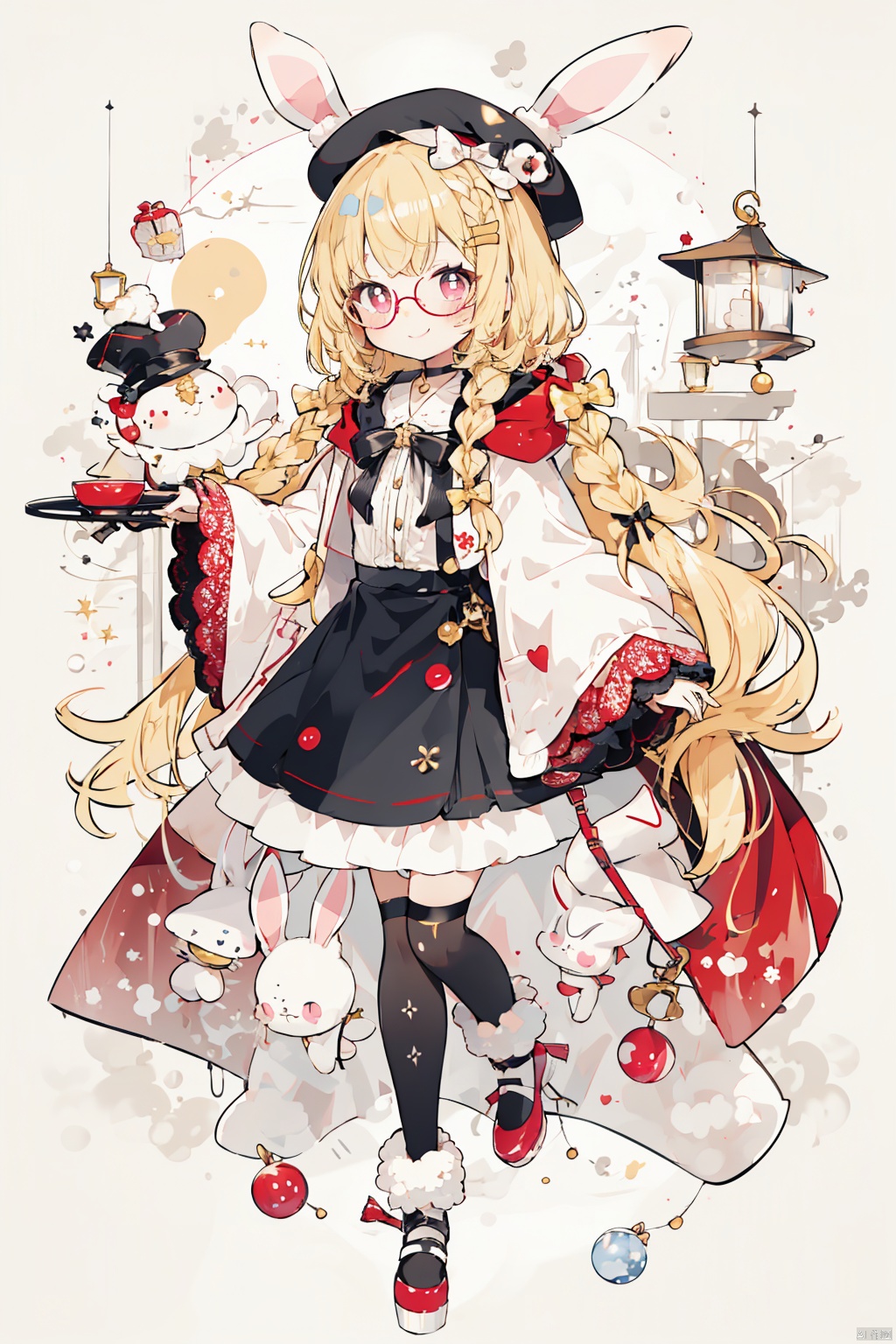  Blonde hair color, braids, double ponytail, beret, bunny ear hat, glasses, pink pupils, black lace skirt, smile, bow, full body, looking at the audience, Female focus, Wide sleeves, puffy skirt, black over knee socks, 1girl, Red Cape, hood, white shirt, gamepad around , Pink Rabbit, msaibo