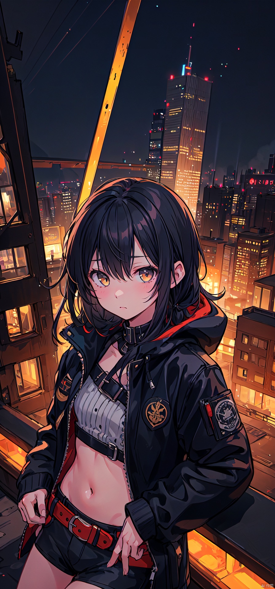  1girl, solo, long hair, looking at viewer, black hair, golden_eyes, dusk, girl, dark gray jacket, black navel coat, shorts, belt, booties, sad expression, high-quality pictures, perfect quality. 1girl,upper body,cyberpunk,future city,night,sitting on the roof,beautiful,masterpiece,extremely detailed,best quality,very aesthetic