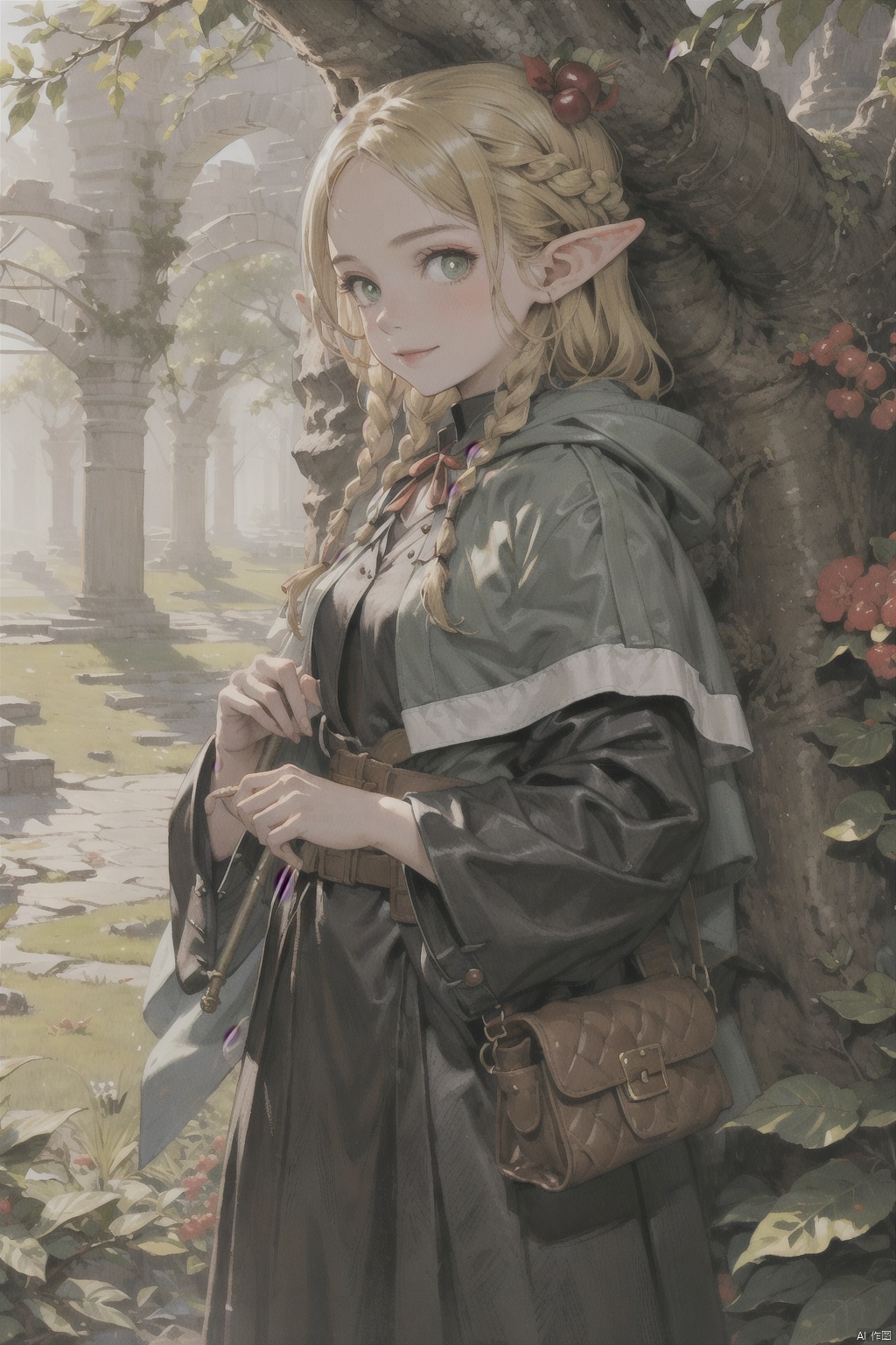  masterpiece, best quality,1girl, staff, blonde hair, solo, pointy ears, braid, robe, fruit, elf, fire, smile, food, twin braids, long hair, holding, looking at viewer, fantasy, holding staff, tree, green eyes, outdoors, wide sleeves, apple, magic, nature, standing, hood, brown eyes, pouch, hair ornament, bag, long sleeves