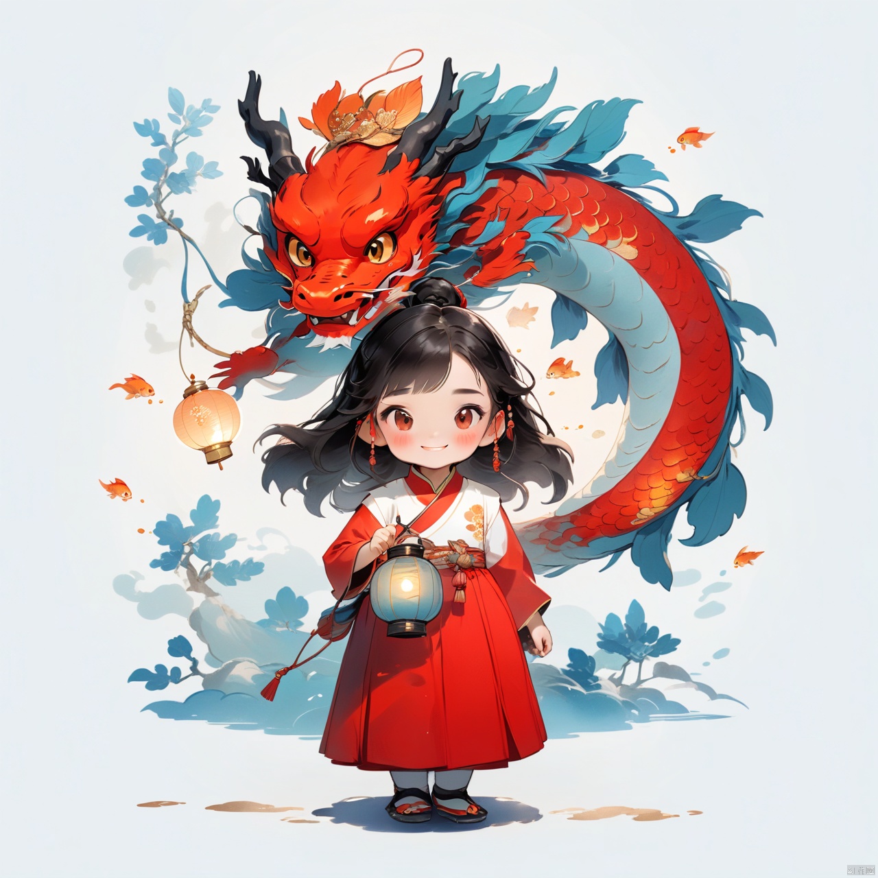  A girl in traditional Chinese red clothing ,a red dragon behind her, dradon,gold eyes,
Chinese style, guofeng,A good girl holds a lantern ,smiles. goldfish around